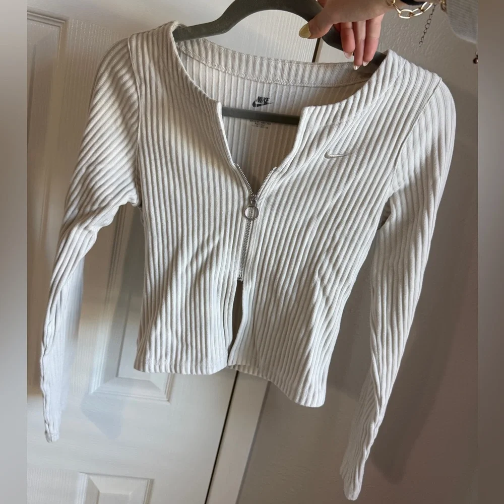 NIKE Chill Ribbed Slim Full Zip Cardigan Women’s Bone White Zip Up Jacket Sz S - Picture 3 of 7